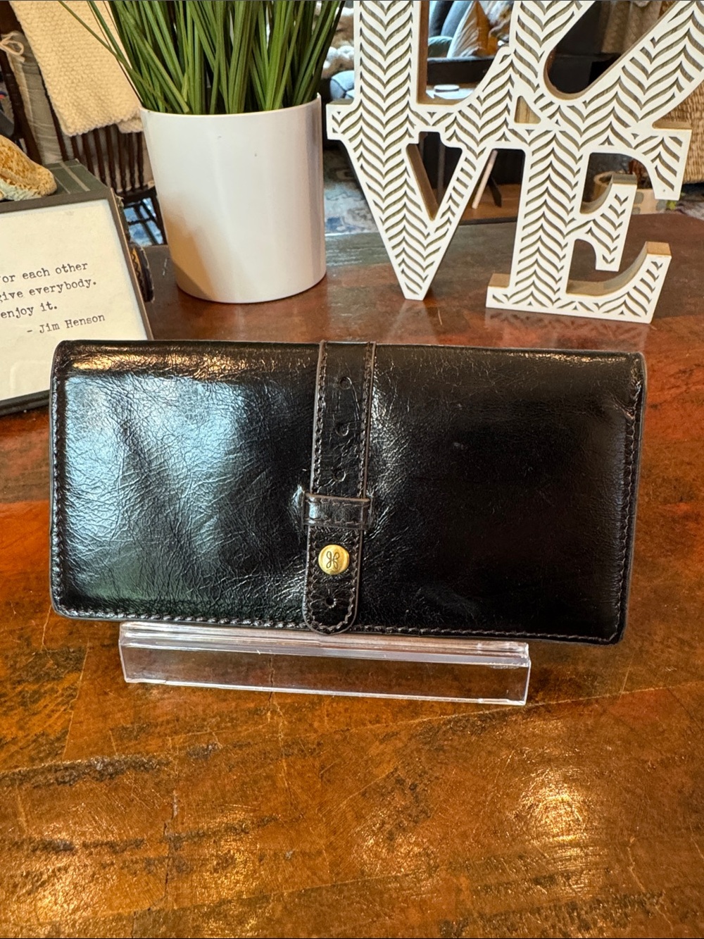 HOBO Black Leather Long Wallet with Strap Accent